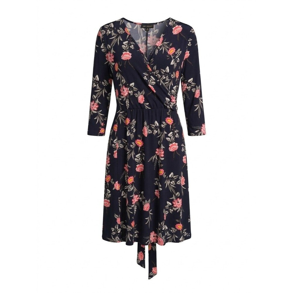 Lane Bryant Floral Faux Wrap Dress Size 18/20 Navy Blue Pink Flowers 3/4 Sleeve
